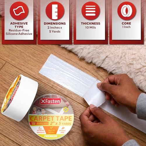 Heavy Duty Double Sided Carpet Tape - 2 Inch x 5 Yards, Residue-Free