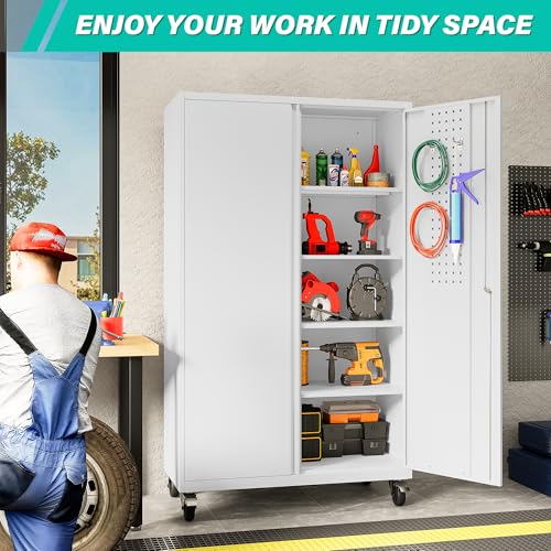Tall Rolling Metal Storage Cabinet with Lock & Pegboard, 71" Garage Locker