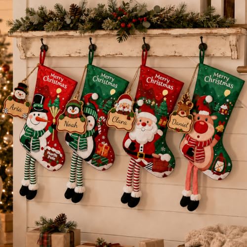 4Pack Large 18in Personalized Christmas Stockings with Wooden Name Tags - Red & Green