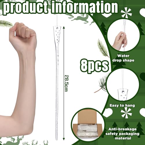 8 Pcs 11-Inch Clear Glass Icicle Ornaments for Christmas Tree Decoration