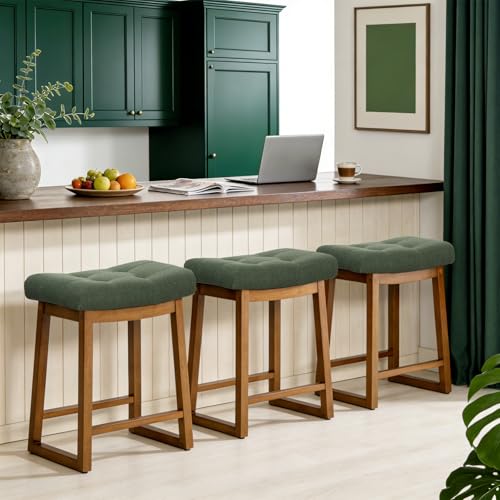 24-Inch Backless Counter Height Bar Stools, Upholstered Saddle Stools - Set of 3