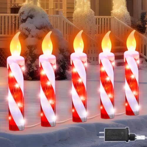 ElectricWise 5 Pack Christmas Candle Lights Outdoor Red Candy Cane Pathway Decor