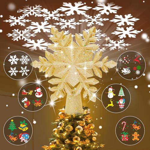 Golden Snowflake Christmas Tree Topper with LED Rotating Projector Light