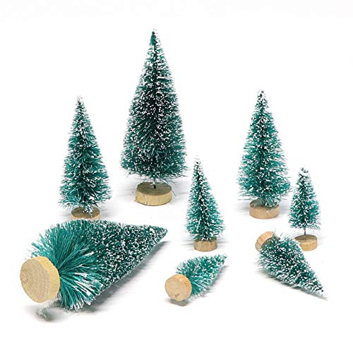 24 Pcs Mini Bottle Brush Christmas Trees with Wood Base - Snow Frosted