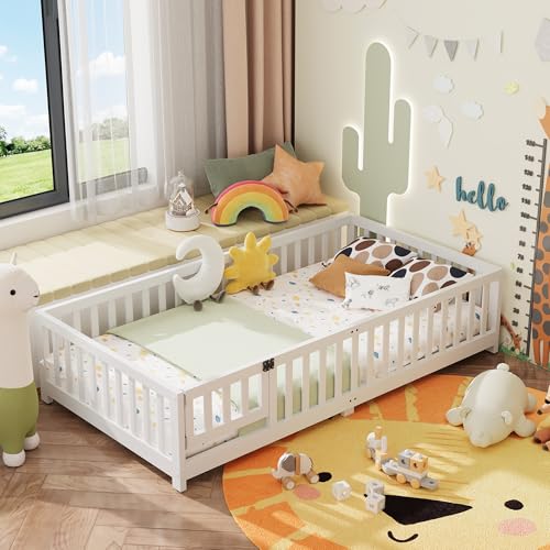 Twin Montessori Floor Bed Frame with Safety Rails and Door, White