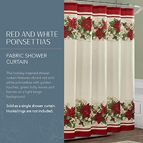 Poinsettia Holiday Fabric Shower Curtain - Red White, 70 x 72 in