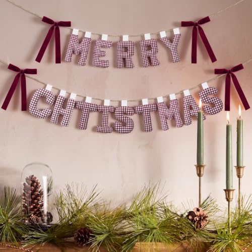 Merry Christmas Banner with Gingham Pattern - Pre-Strung Burgundy Garland, 3D Cotton Decor