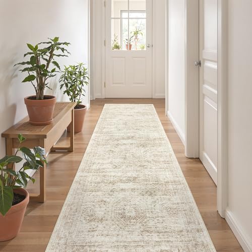 2x8 Washable Non-Slip Hallway Runner Rug - Soft Beige Vintage Carpet