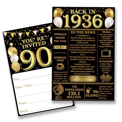 90th Birthday Party Invitations - Black and Gold 1936 Design (20 Pack)