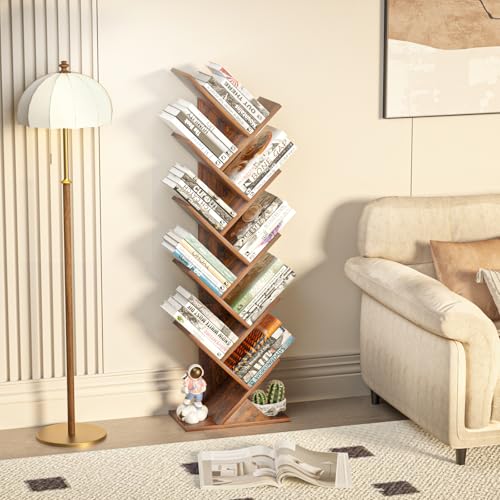 10-Tier Tree Bookshelf, Narrow Tall Wood Bookcase for Small Spaces