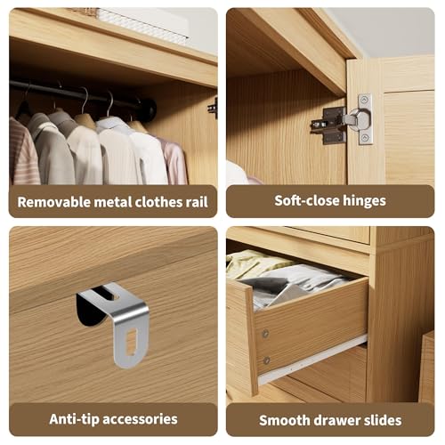 70-Inch Modern Wooden Wardrobe Armoire with 3 Drawers and Hanging Rod