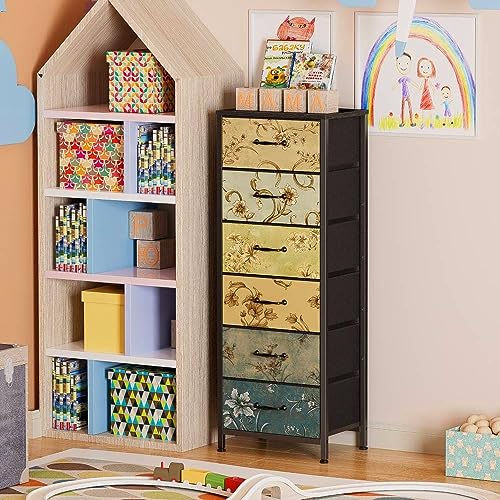Tall 6-Drawer Dresser with Fabric Drawers, Retro Storage Organizer Unit