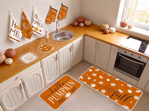 10-Piece Fall Pumpkin Kitchen Decor Set: Mats, Towels, Oven Mitts & Pot Holders
