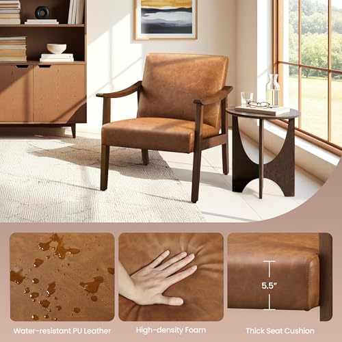 Mid-Century Modern Accent Chair with Brown Faux Leather and Wood Legs