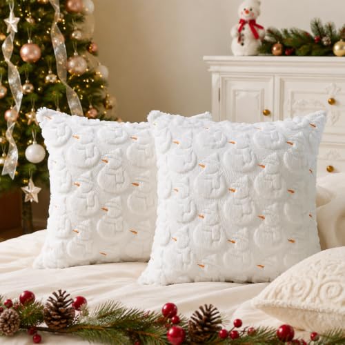 CAIBO 2-Pack Christmas Snowman Pillow Covers 18x18 Inches Faux Fur Decor
