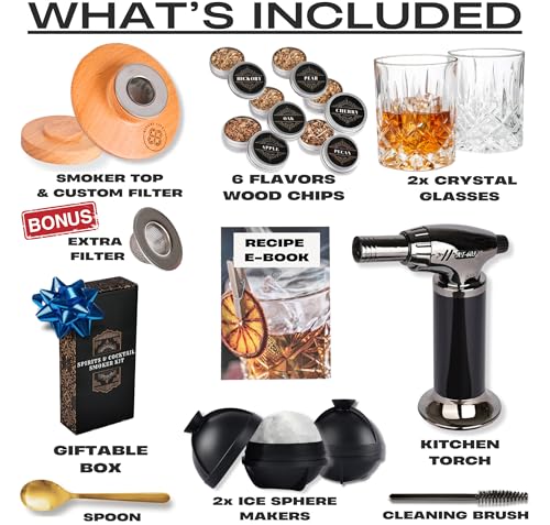 Ritual Life Cocktail Smoker Kit with Torch & Glasses - Old Fashioned Whiskey Set, Includes Wood Chips & Ice Molds