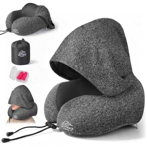 Travel Neck Pillow with Hood - Memory Foam for Airplane Sleep