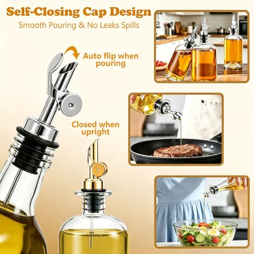 Silver 3 Pack Oil & Liquor Pour Spouts with Adapters, Auto Flip, Leak-Proof