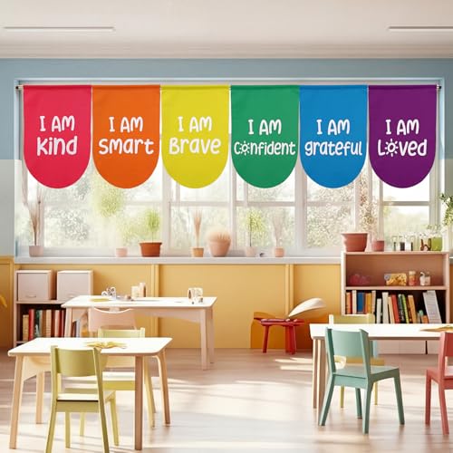 6-Piece Rainbow Motivational Classroom Curtains, 36x24 Inch Window Drapes