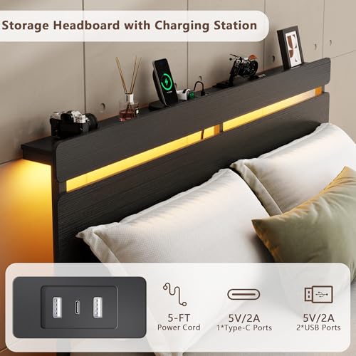 Queen Bed Frame with Storage Drawers, LED Lights & Charging Station