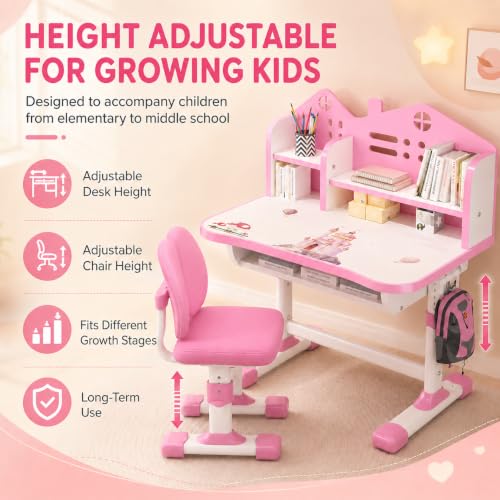 Adjustable Kids Study Desk and Chair Set with Storage Drawer and Bookstand