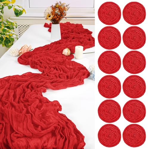 Red 12 Pack Cheesecloth Table Runner 20 x 120 in - Wrinkled Sheer Linen Batched 12