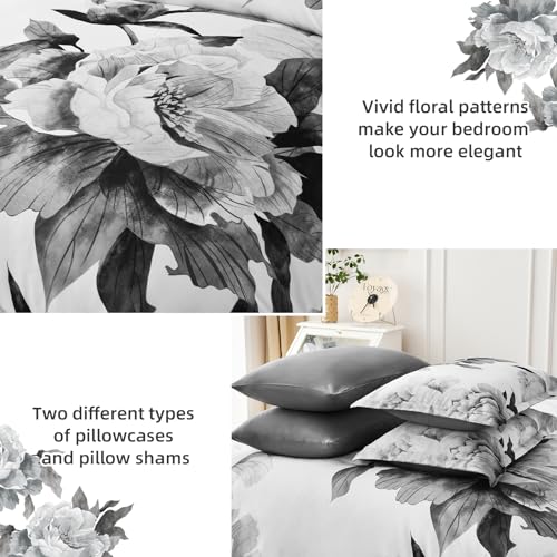 Grey Floral Queen Comforter Set - 7-Piece Soft Microfiber Bed in a Bag