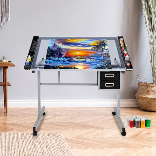 Adjustable Glass Top Drafting Table with Drawers and Wheels for Art & Design