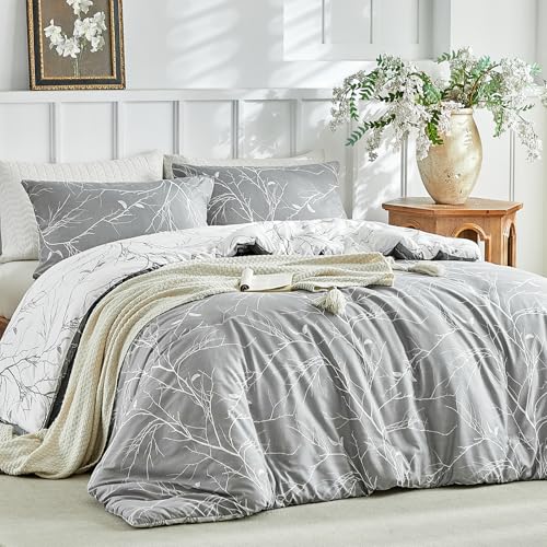 Reversible Botanical Branch Duvet Cover Set - King Size 3-Piece Bedding