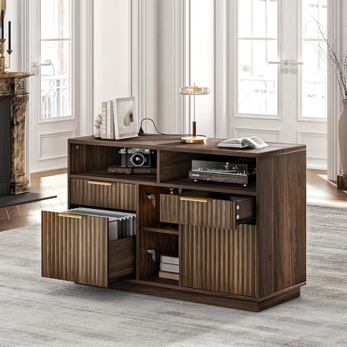 4-Drawer Fluted File Cabinet with Charging Station and Open Shelves