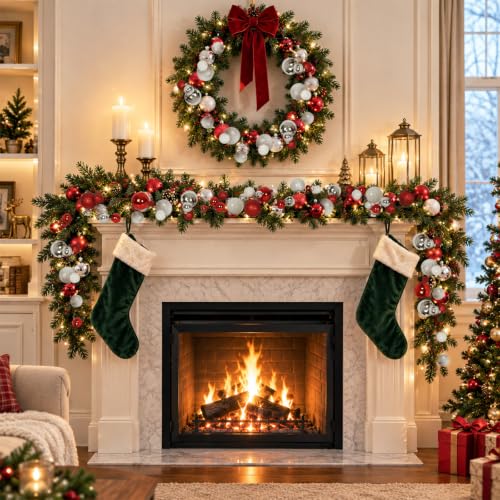 RECUTMS 2-Pack 6 Ft Silver Red White Christmas Garland Ornaments - Shatterproof Decor