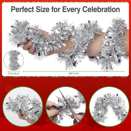 39 FT Silver Tinsel Garland for Christmas Decorations & Holiday Parties