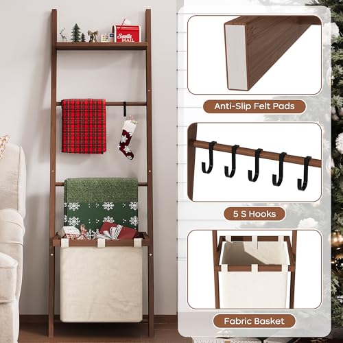 63-Inch Bamboo Blanket Ladder with Shelf, Fabric Basket, and 5 Hanging Hooks