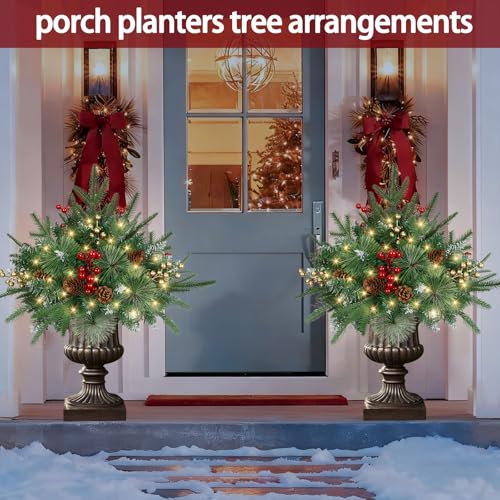 Careforge 2-Pack 24in Pre-Lit Outdoor Pine Urn Filler with 100 LED Warm White Lights (Green)