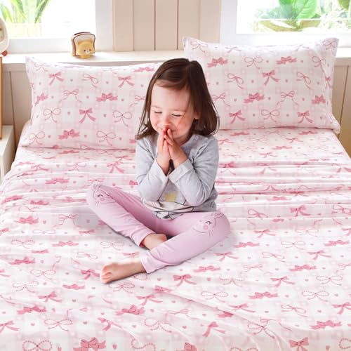 Twin Sheet Set Kids 3-Piece Pink Check Microfiber Bedding with Deep Pocket