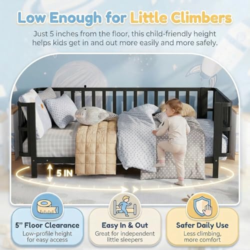 Twin Kids Bed Frame with Removable Safety Rails, Low Profile Montessori Bed