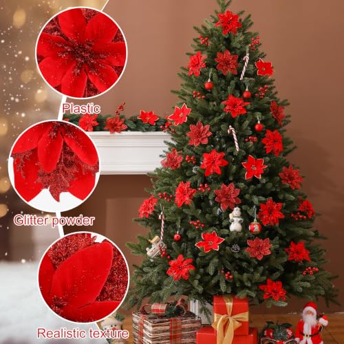 Nubry 30Pcs Red Glitter Poinsettia with Clips & Berry Picks - Red-30