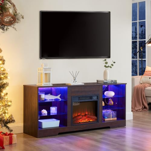 Fireplace TV Stand for 65 Inch TVs with LED Lights and Power Outlets