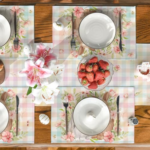 Artoid Mode Bunny Rabbit Flowers Floral Easter Placemat Set 4, 12x18 Inch Spring Table Mats, Pink/Blue