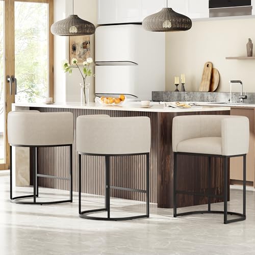 26-Inch Modern Barrel Counter Stools Set of 2, Linen Fabric Upholstered