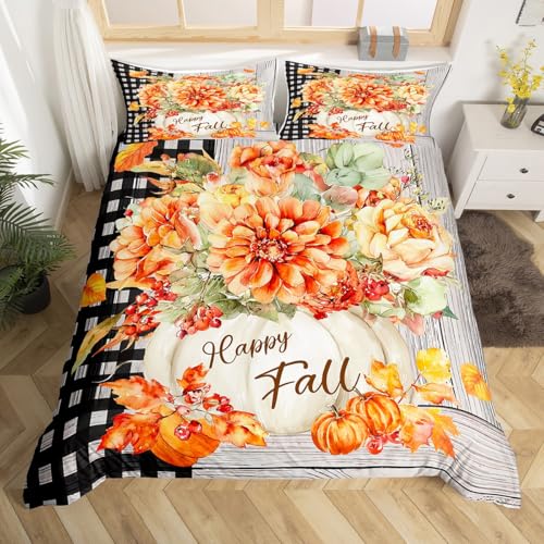 Fall Pumpkin Harvest Duvet Cover Set, Rustic Farmhouse Queen Bedding