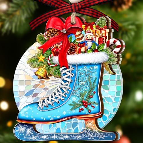SUFAVN Ice Skate Christmas Ornament - Laser-Cut Holiday Decor for Skaters - 2-Layer Wood & Acrylic - Christmas Tree Ornament - Perfect Gift for Ice Skaters