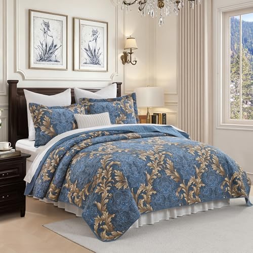 100% Cotton King Quilt Set - Reversible Blue Damask 3-Piece Bedspread