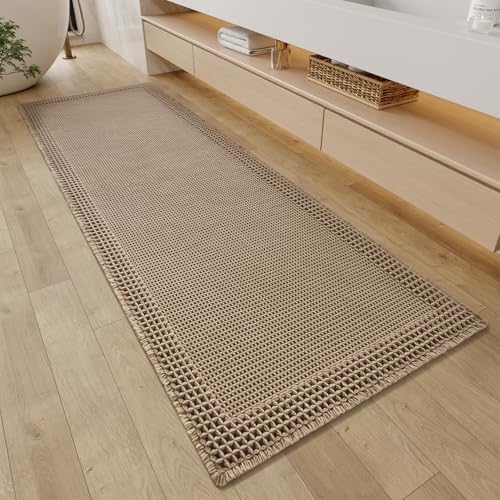 RESARE Waffle Bathroom Runner Rug 24"x72" Brown Non-Slip Boho Bath Mat