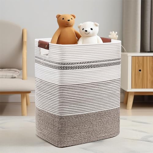 85L Cotton Rope Laundry Basket with Leather Handles - Foldable Storage Bin