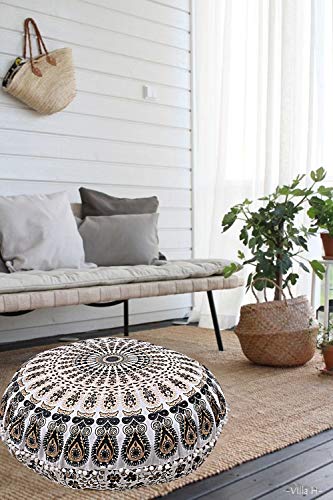 32-Inch Bohemian Mandala Floor Pillow Cover with Pom Pom Trim, Gold Black