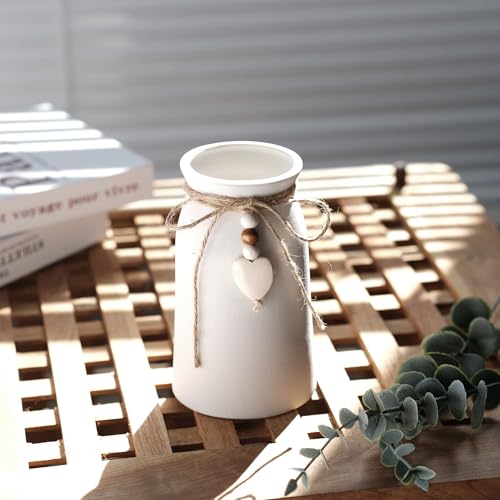 6-Inch White Ceramic Vase with Jute Rope & Heart Charm for Boho Decor