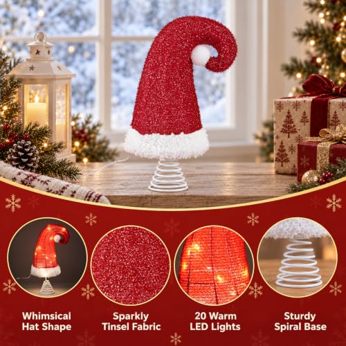 Okaerm Red 8-Inch Lighted Santa Hat Tree Topper with Spring Base - Christmas Ornament