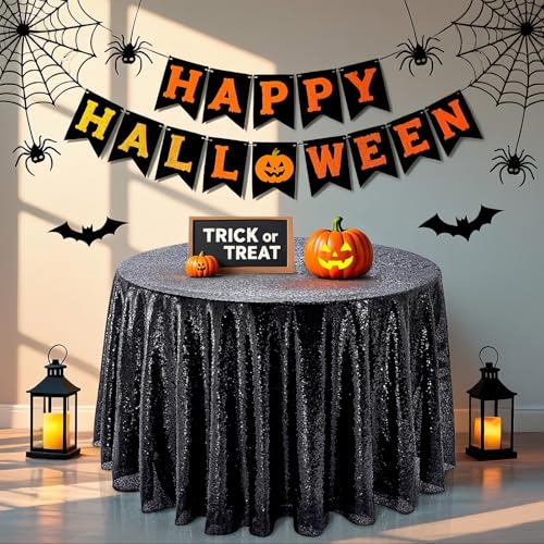 QueenDream Black Sequin Round Tablecloth 108 inch - Glitter Festive Table Cover