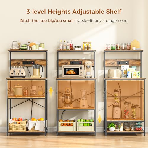 4-Tier Kitchen Bakers Rack with Power Outlet and Storage, Rustic Brown